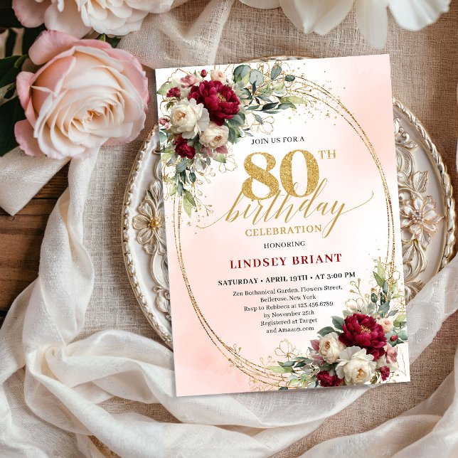 Invitación Elegante Cumpleaños Boho Floral Borgoña 80  (Elegant Burgundy Bohemian Floral 80th Birthday Invite)
