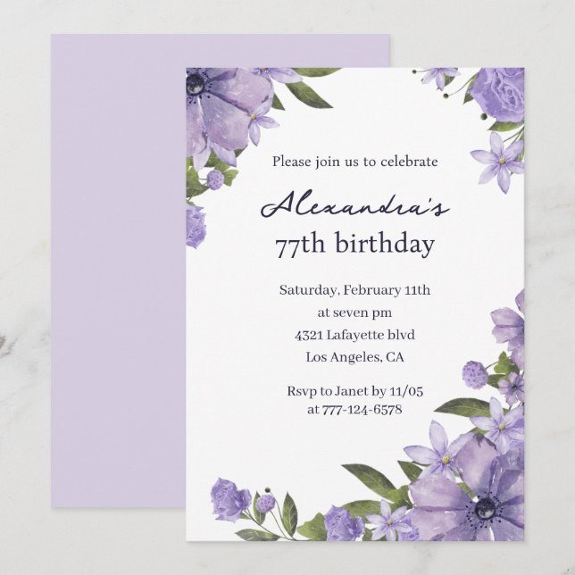 Invitación Elegante cumpleaños Boho floral vintage 77  (Anverso / Reverso)
