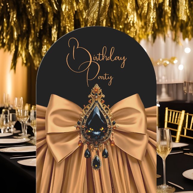 Invitación Elegante cumpleaños Caramel Gold Jewel Bow Black (Subido por el creador)