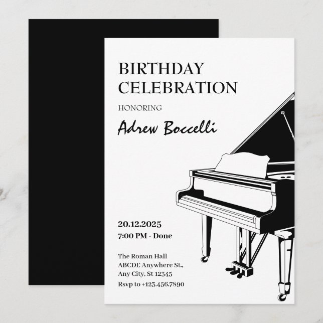 Invitación Elegante cumpleaños clásico de piano (Anverso / Reverso)