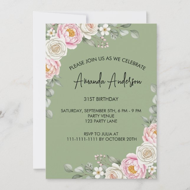 Invitación Elegante Cumpleaños con Acuarela Floral Rosa Pálid (Anverso)