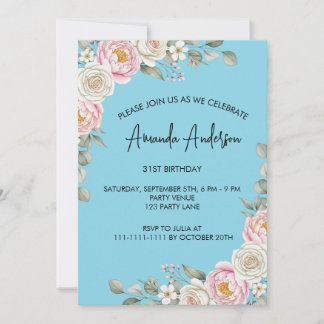 Invitación Elegante Cumpleaños con Acuarela Floral Rosa Pálid