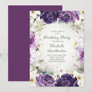 Invitación Elegante Cumpleaños con Brillo Floral Púrpura Blan
