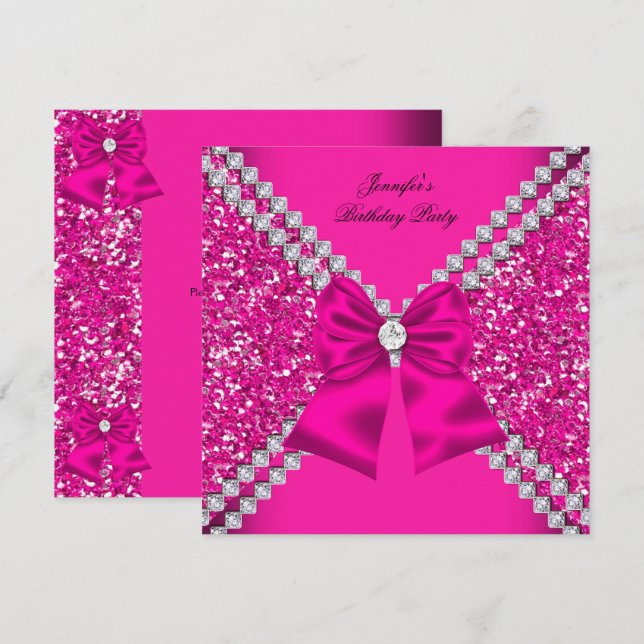 Invitación Elegante Cumpleaños con Brillo Rosa Diamantes Fies (Anverso / Reverso)