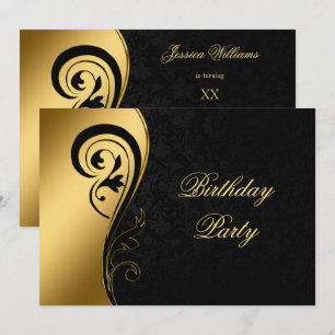 Invitación Elegante Cumpleaños con Damask Negro y Remolinos D