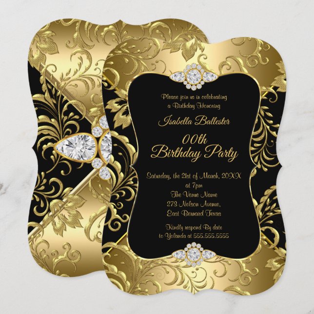 Invitación Elegante Cumpleaños con flores de Damasco en Oro y (Anverso / Reverso)