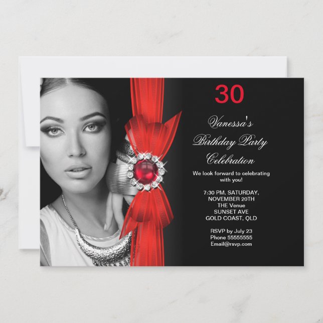 Invitación Elegante Cumpleaños con Foto Profundo Rojo Negro (Anverso)