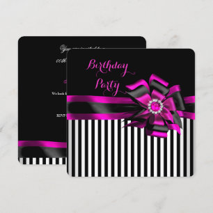 Invitación Elegante Cumpleaños con Lazo Negro y Rayas Rosadas