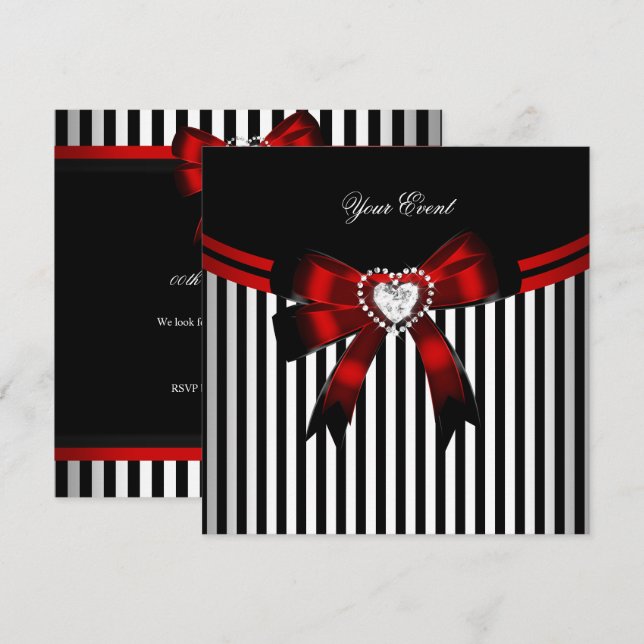 Invitación Elegante Cumpleaños con Rayas Rojas Negras y Blanc (Anverso / Reverso)