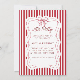 Invitación Elegante cumpleaños con rayas rojas y blancas