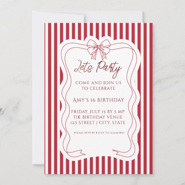 Invitación Elegante cumpleaños con rayas rojas y blancas (Anverso)