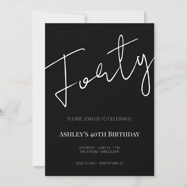 Invitación Elegante Cumpleaños Cuarenta 40 Negro y Blanco (Anverso)