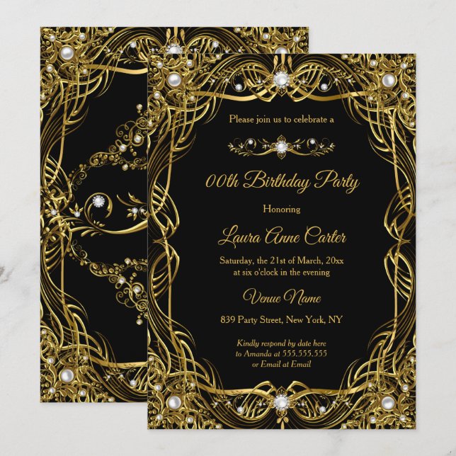Invitación Elegante Cumpleaños Damasco Perla Oro Negro (Anverso / Reverso)