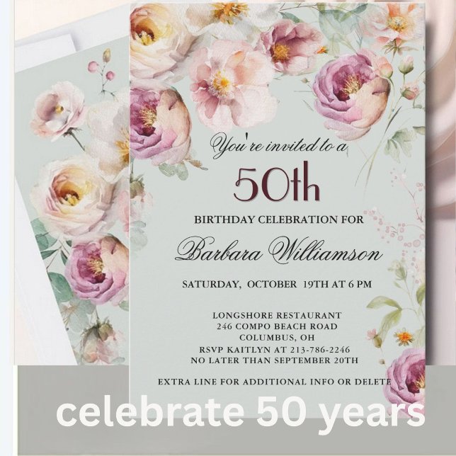 Invitación Elegante Cumpleaños de 50 con Flores Pintadas (Subido por el creador)