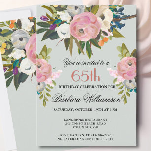 Invitación Elegante Cumpleaños de 65 Años con Fiestas Florale