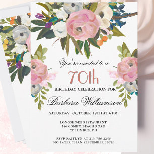 Invitación Elegante Cumpleaños de 70 Años con Flores Pintadas