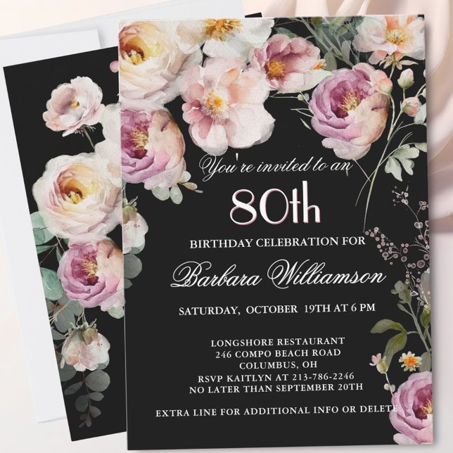 Invitación *Elegante Cumpleaños de 80 Años con Flores Pintada (Subido por el creador)