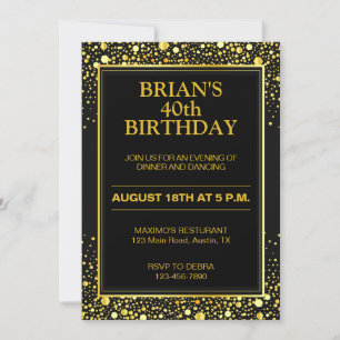 Invitación Elegante Cumpleaños de Adulto Negro y Dorado