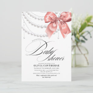 Invitación Elegante Cumpleaños de Bebé con Lazo Rosa y Perlas
