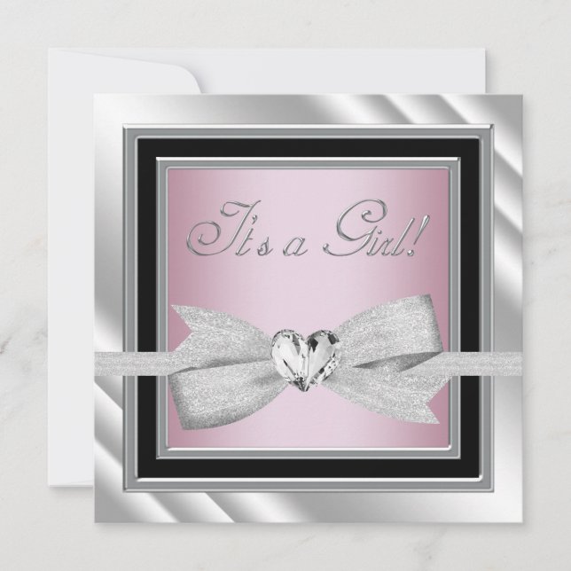 Invitación Elegante Cumpleaños de Bebé Niña Rosa y Plateado (Anverso)