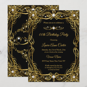 Invitación Elegante cumpleaños de Black Gold Pearl Damask
