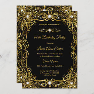 Invitación Elegante cumpleaños de Black Gold Pearl Damask