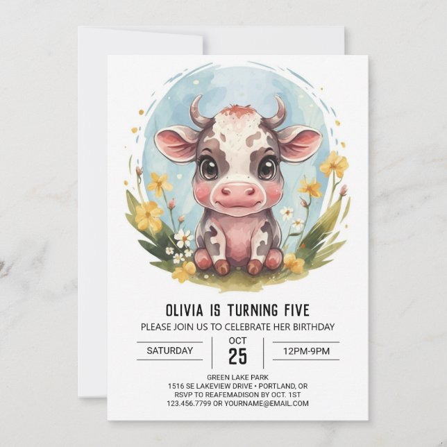 Invitación Elegante cumpleaños de Boho Pastel Cow (Anverso)