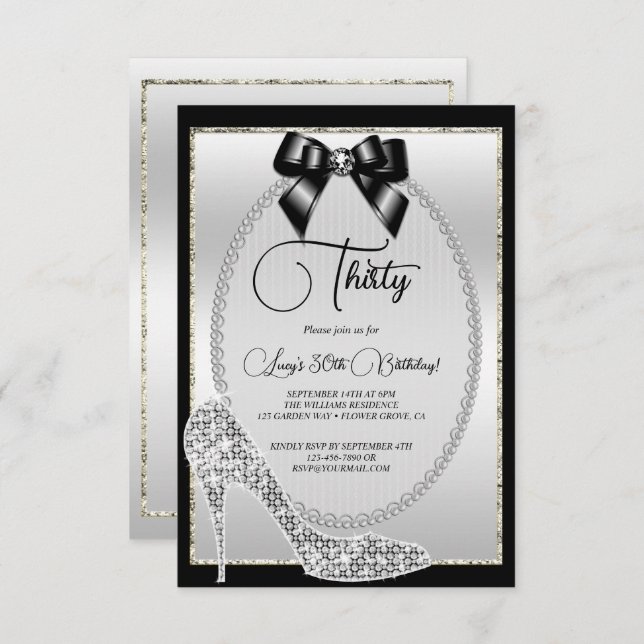 Invitación Elegante Cumpleaños de Bow & Stiletto con Joyas Pl (Anverso / Reverso)