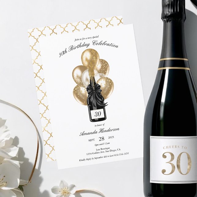 Invitación Elegante cumpleaños de champán negro y oro (Elegant Champagne Birthday Invitation)