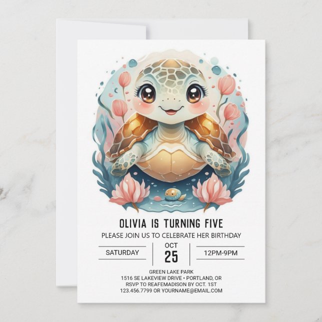 Invitación Elegante cumpleaños de Chica de tortuga marina (Anverso)