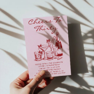 Invitación Elegante Cumpleaños de Cóctel Feliz Treinta Rosa