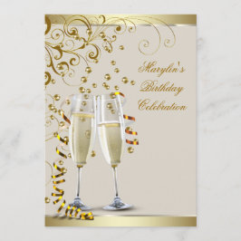Invitación Elegante Cumpleaños de Crema de Marfil y Oro