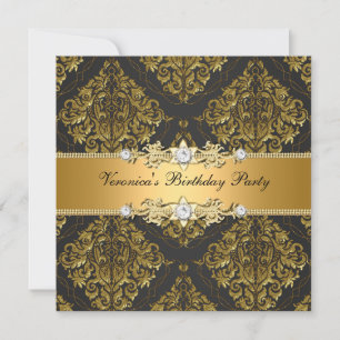 Invitación Elegante Cumpleaños De Damasco Negro Dorado Para M