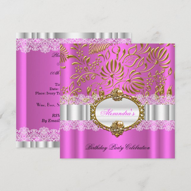 Invitación Elegante Cumpleaños de Fiesta de Encaje Dorado Ros (Anverso / Reverso)