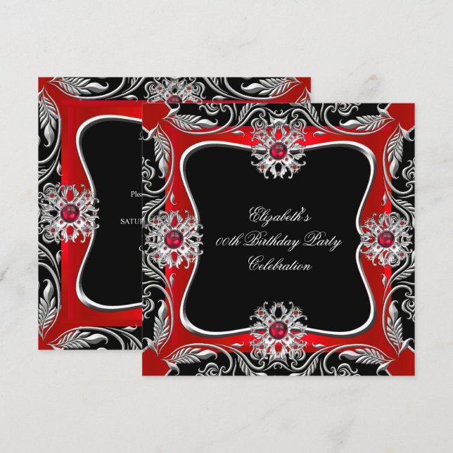 Invitación Elegante Cumpleaños de Fiesta Negro Joya Plateada  (Anverso / Reverso)