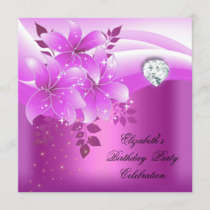Invitación Elegante Cumpleaños de Flor de Rosa con Diamante