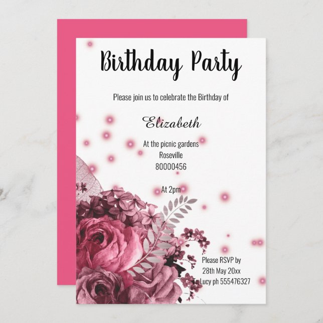 INVITACIÓN ELEGANTE CUMPLEAÑOS DE FLORAL BLANCA ROSA 2 (Anverso / Reverso)