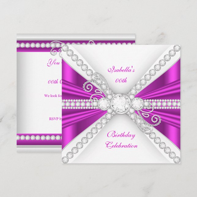 Invitación Elegante Cumpleaños de Fuchsia Rosa con Diamante d (Anverso / Reverso)