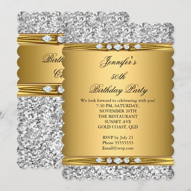 Invitación Elegante Cumpleaños de Glitter Dorado Plata Diaman (Anverso / Reverso)