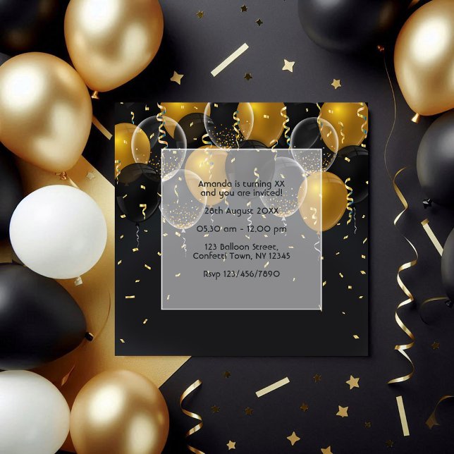 Invitación Elegante cumpleaños de globo negro y oro (Elegant Black and Gold Balloon Birthday Invitation)