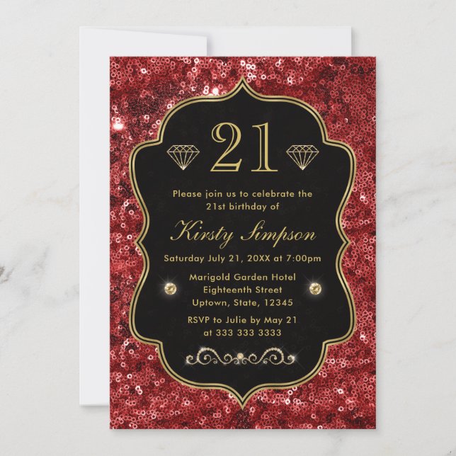 Invitación Elegante Cumpleaños de Invierno Rojo con Brillo Fa (Anverso)