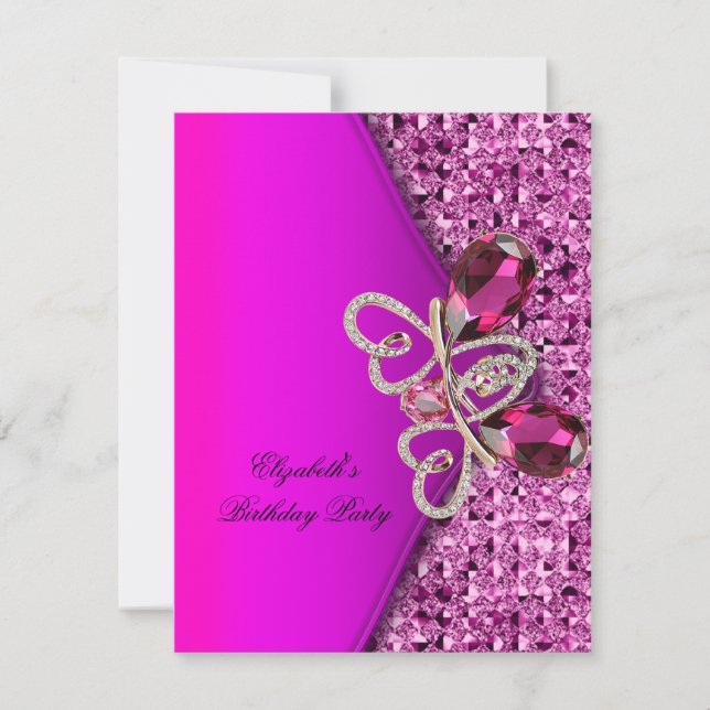 Invitación Elegante Cumpleaños de Joyas con Brillo Rosa Brill (Anverso)