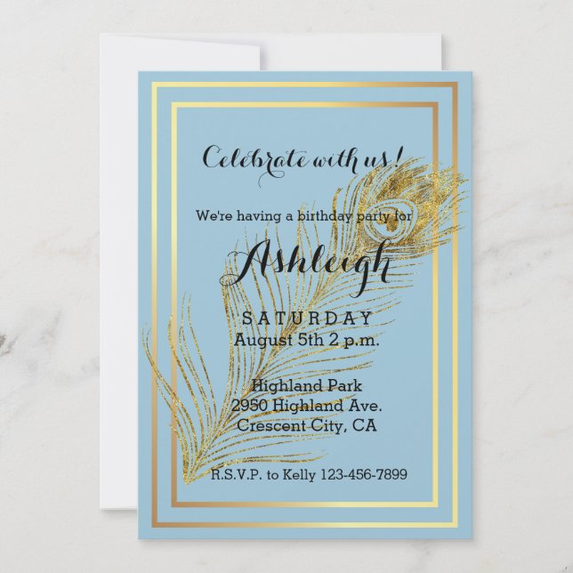 Invitación Elegante cumpleaños de la pluma de oro Glam Peacoc (Anverso)