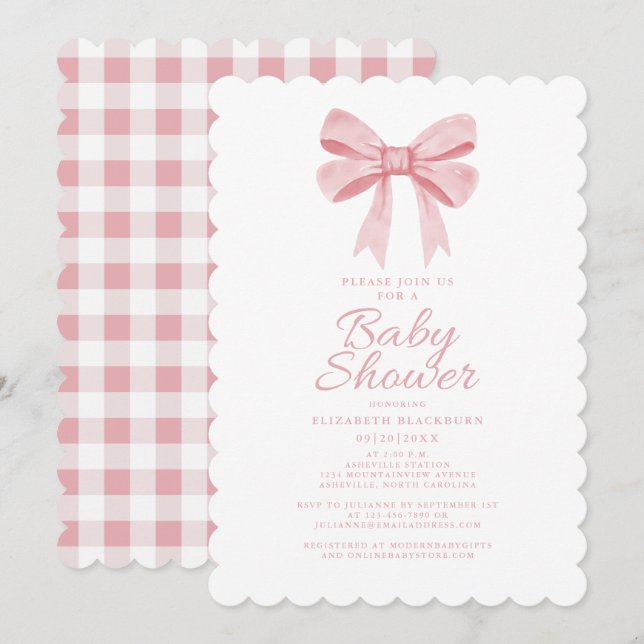 Invitación Elegante Cumpleaños de lazo rosa para Baby Shower  (Anverso / Reverso)