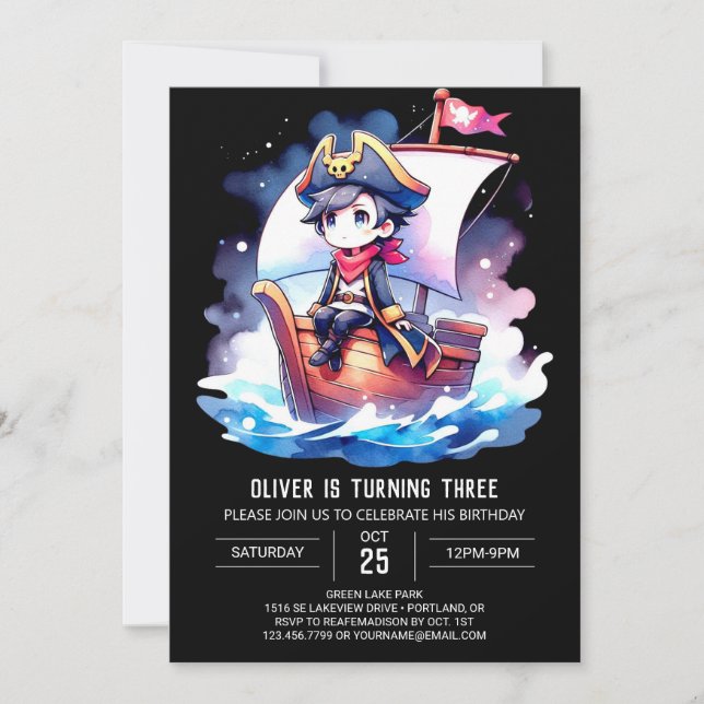 Invitación Elegante cumpleaños de los piratas (Anverso)