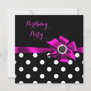 Invitación Elegante Cumpleaños de Lunares con Lazo Rosa y Neg