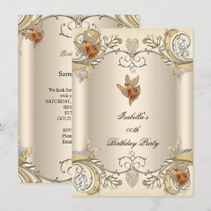 Invitación Elegante Cumpleaños de Mariposa de Oro Beige Crema