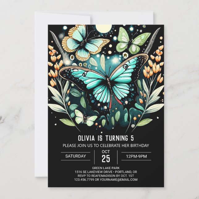 Invitación Elegante cumpleaños de mariposa verde sabio (Anverso)