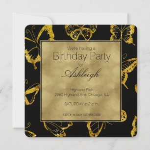 Invitación Elegante cumpleaños de mariposas de oro negro