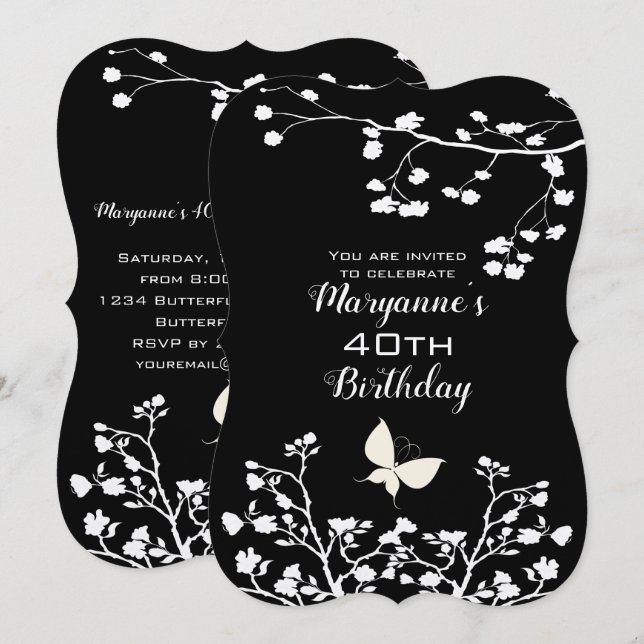 Invitación Elegante cumpleaños de mariposas en blanco y negro (Anverso / Reverso)